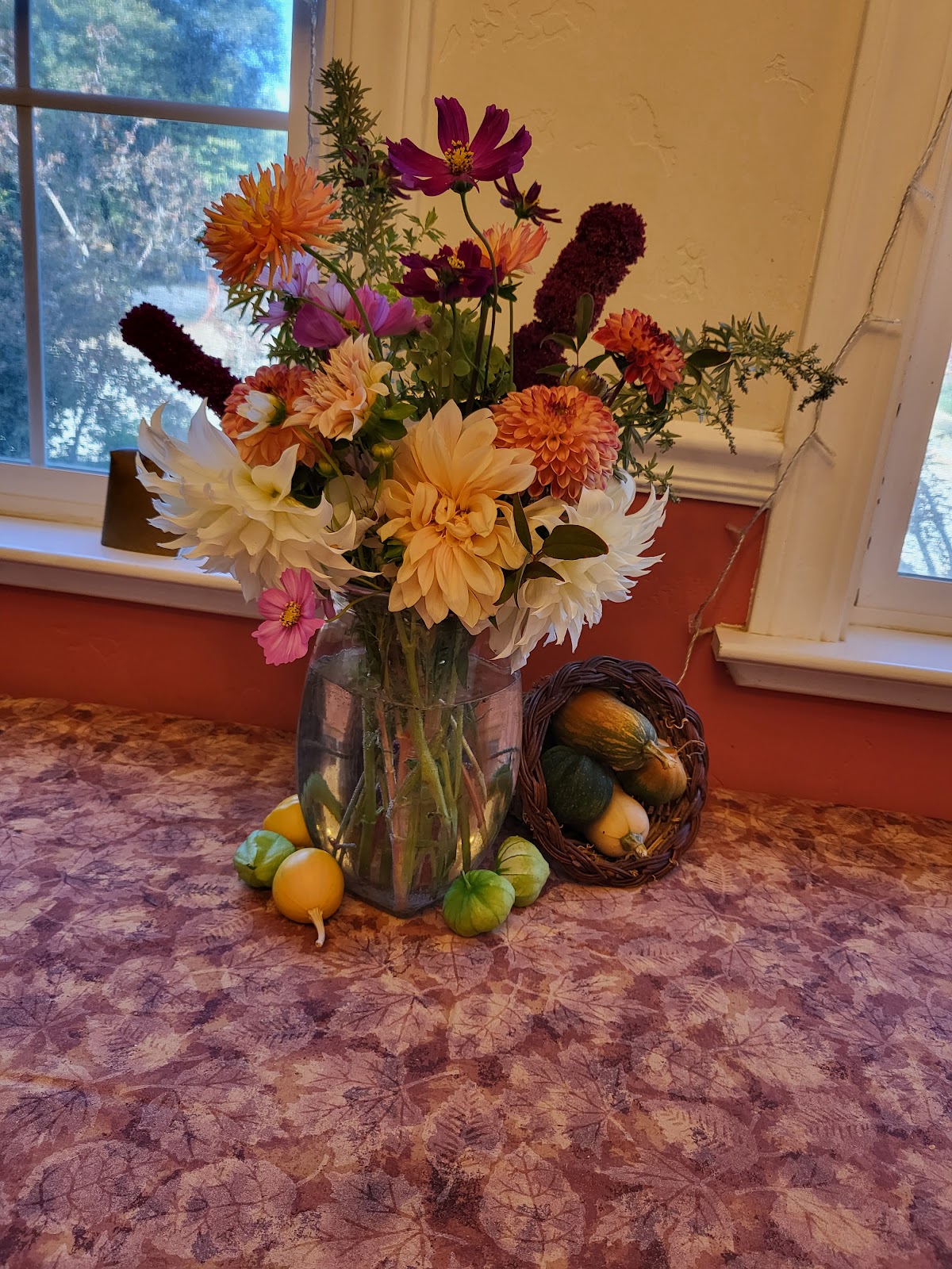 A jar of dahlias, cosmos and amaranth cut at Lindsay Organic Farm, beside a basket of small squash